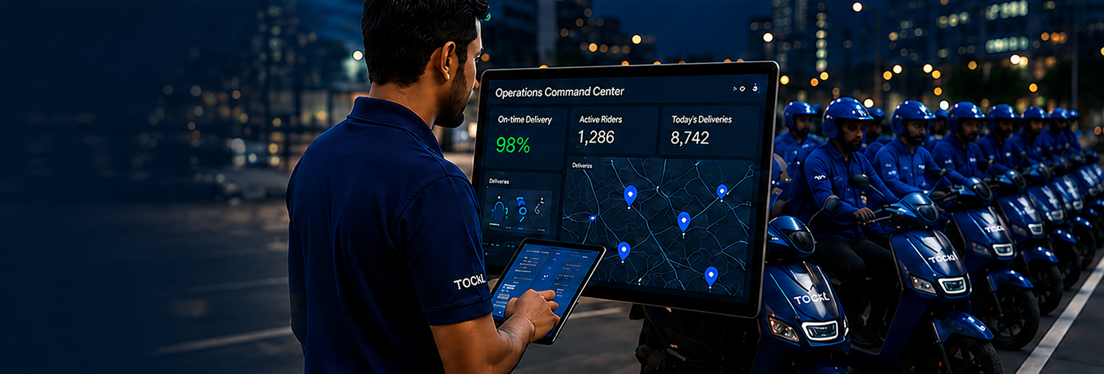 Operations command center dashboard with delivery riders