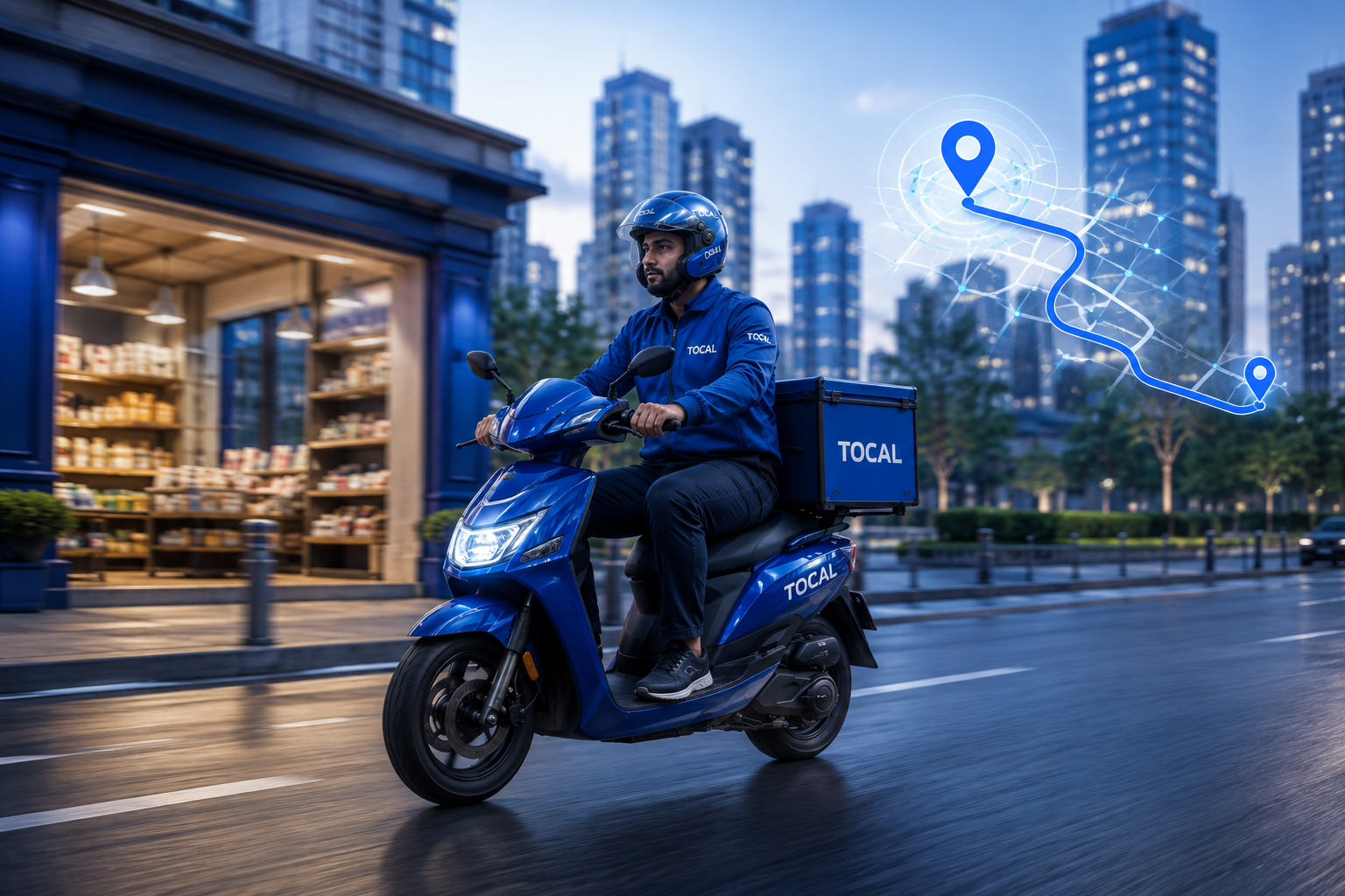 TOCAL delivery executive on an electric two-wheeler making a short-radius hyperlocal delivery