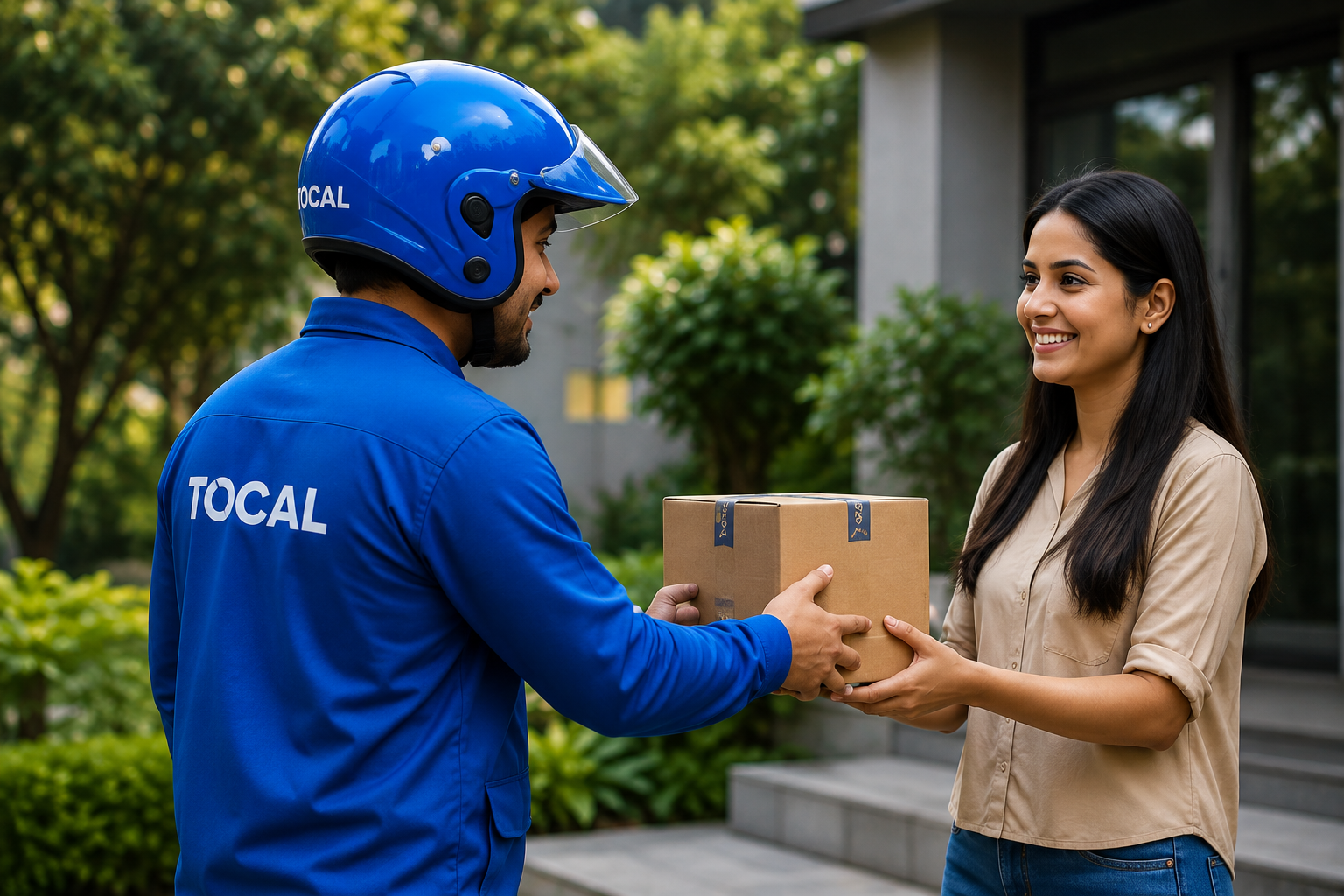 TOCAL delivery executive handing a parcel to a customer at her doorstep