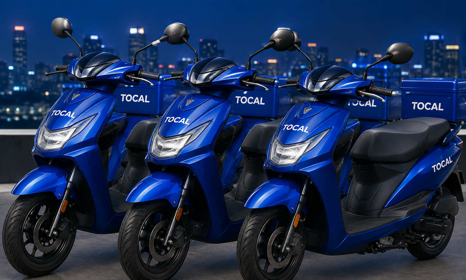 Row of TOCAL electric two-wheelers available for fleet rental
